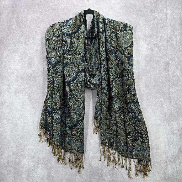 SJ Collection Blue Floral Pashmina Fringe Floral Long Shawl Scarves Wrap Scarf - Picture 1 of 7